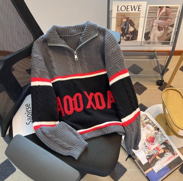 トップス 学生風 モテアイテム あったか ニット 長袖 ハイネック タートルネック リブ 切り替えデザイン ドッキング もこもこ モコモコ ファスナー 前開き ケーブルニット リブニット 伸縮性 厚手 4,536円