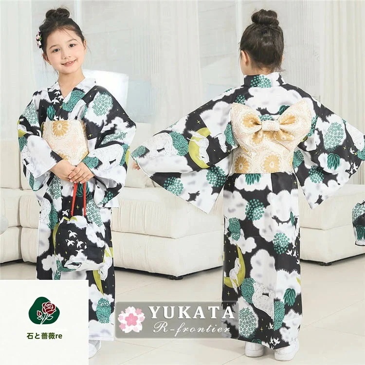 3日で出荷 高品質保証！浴衣 子供 女の子 黒緑 浴衣 セット 可愛い 浴衣 中学生 浴衣 女の子 130 夏 小学生 ゆかた お花見 浴衣 綿 帯飾 作り帯 セット 振袖 和装 中高生 浴衣 温泉