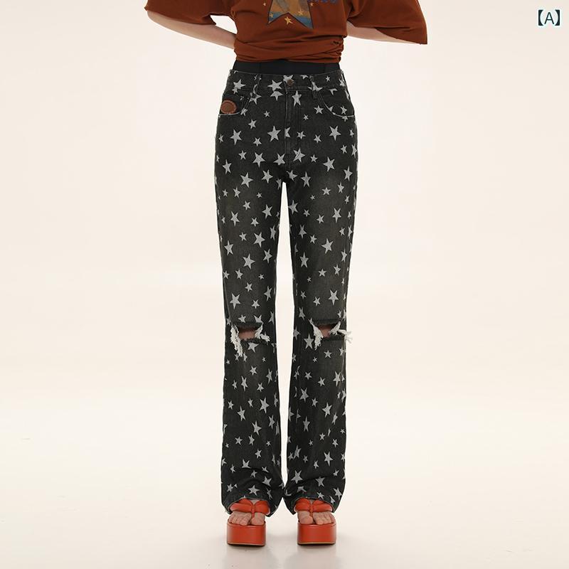デニムパンツ レディース ダメージ ジーンズ クラッシュ ボトムス プリント 星 カジュアル ストレート レトロ ウォッシュド ブラック イエロー
