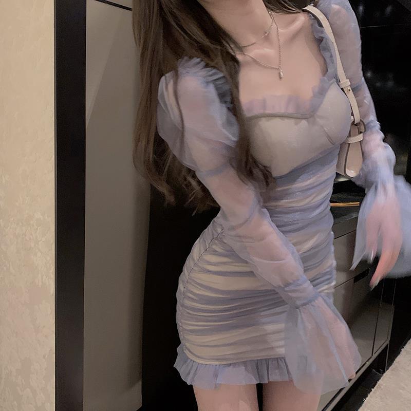 かわいい妖精の エレガントパーティー メッシュ セクシーワンピース ハイウエストスリムタイト