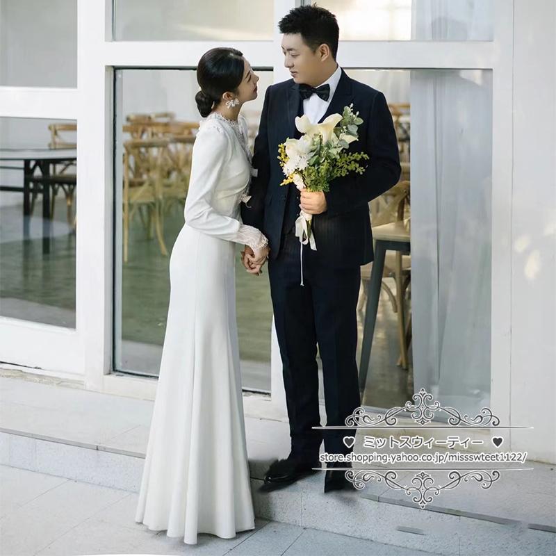 ウェディングドレス 二次会 結婚式 バックシャン 長袖 スレンダー ソフトマーメイド ブライダル ロングドレス サテン 前撮り 挙式 花嫁 ウエディングドレス