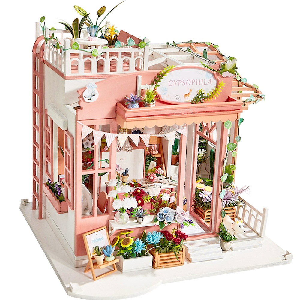 ドールハウス ミニチュア 手作りキット セット看板犬 が お出迎え 星空が見える 花屋さん LEDライト + アクリルケース + オルゴール