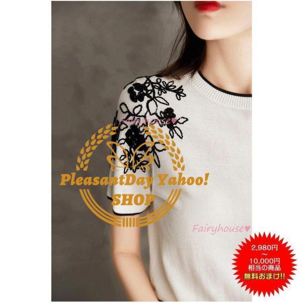 Tシャツ レディース 春夏新作 40代 半袖 ニットトップス 白Tシャツ 花刺繍レション ショット丈ニットソー 薄手 カットソー おしゃれ 大人 50代 30代