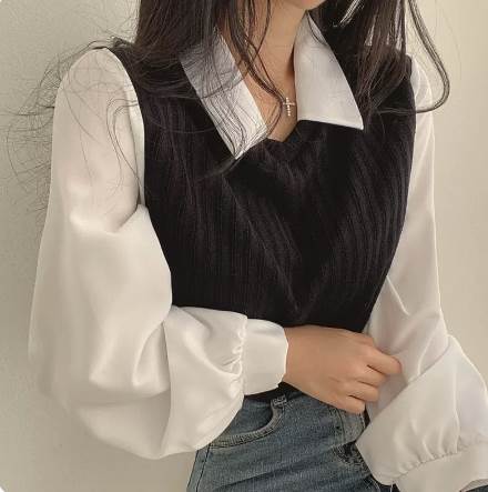 トップス シャツ ブラウス ニット ベスト レギュラー丈 長袖 ボリューム袖 Vネック 襟付き 重ね着風 レイヤード 個性的 フリーサイズ 黒 グレー ピンク 白 かわいい 大人可愛い シンプル カジ