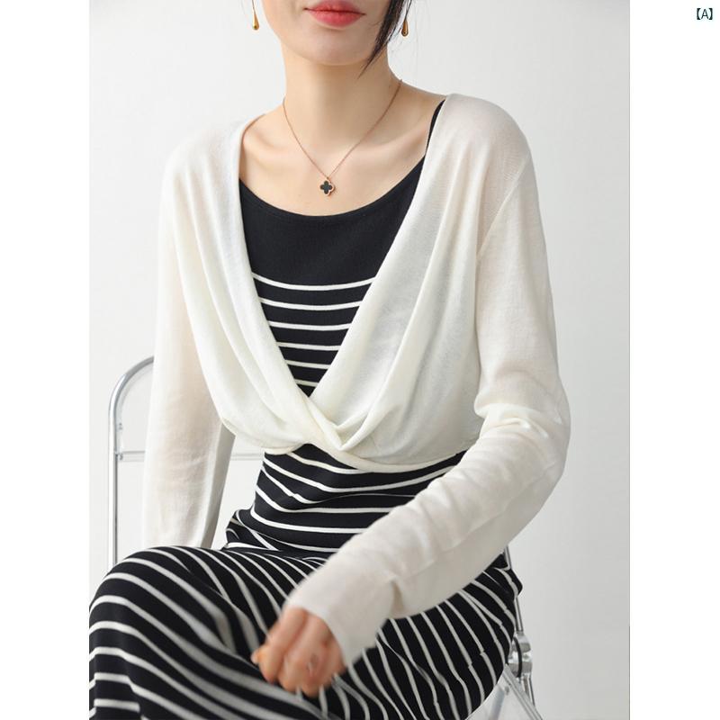 レディース ファッション　レディース　カジュアル　上品　綺麗　外出 Vネック 裾 クロス オーバー リネン テンセル セーター 春夏 長袖 日焼け防止 プルオーバーブラウス 快適 シャツ