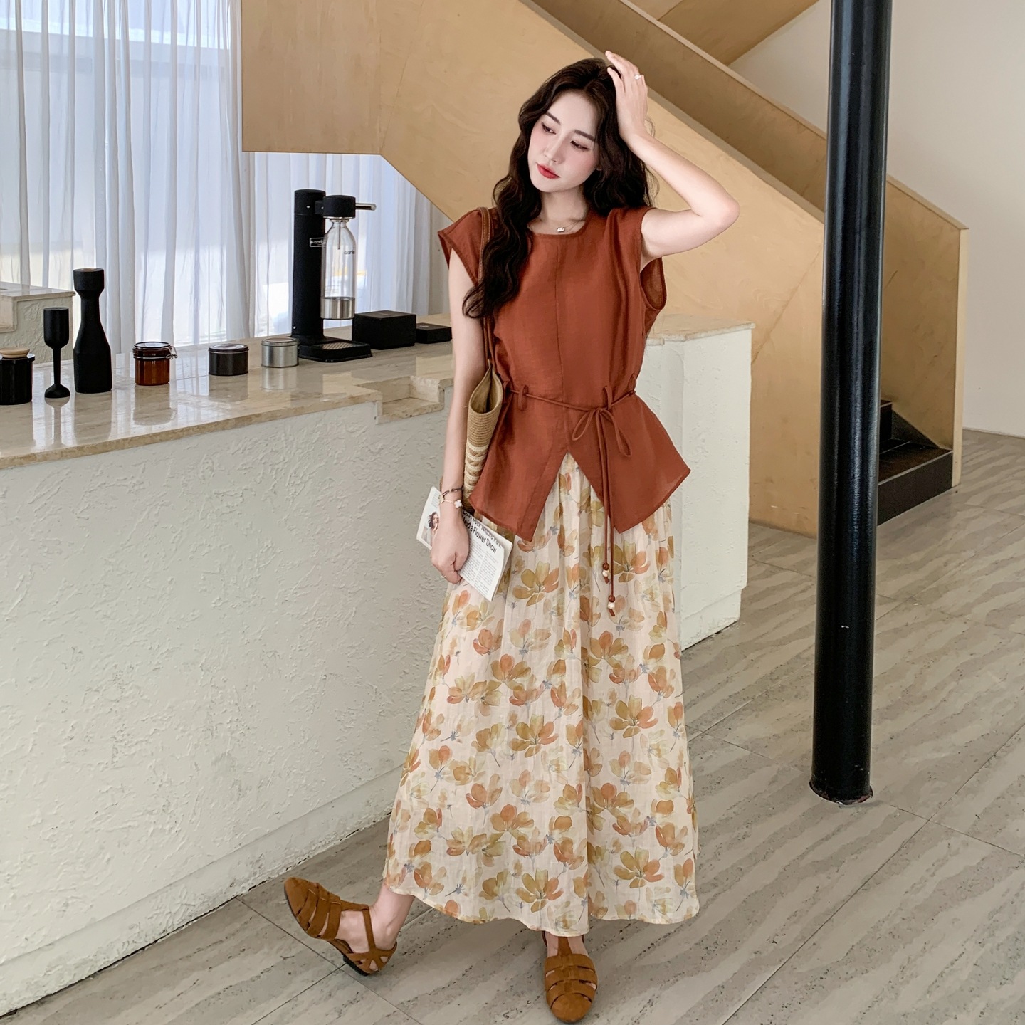 レディース 2点セット セットアップ 半袖 上下セット レッド 春夏カジュアル トップス+ロングスカート 大きいサイズ