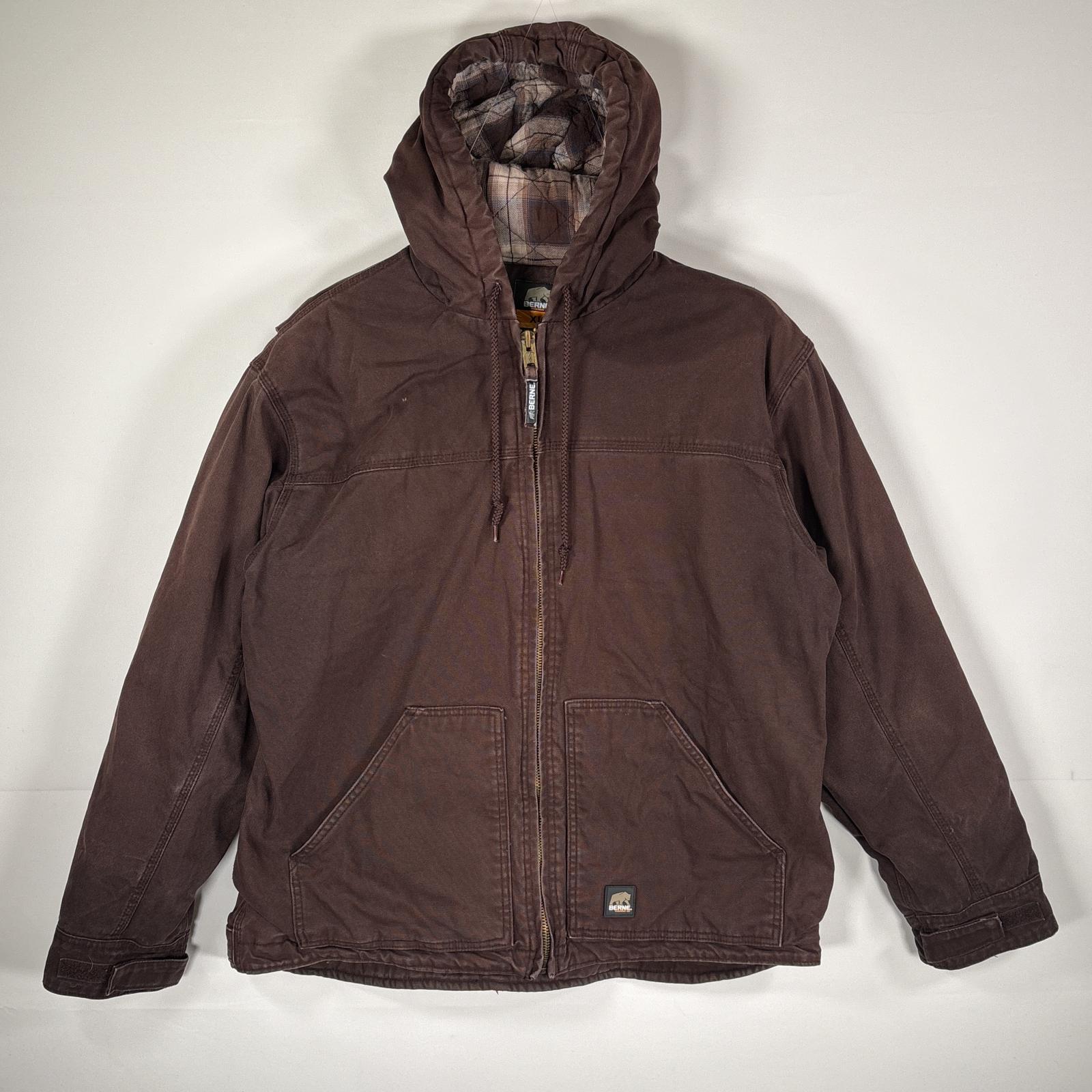 古着 BERNE ダック ワークジャケット 中綿入り 裏地チェック柄 XL ブラウン メンズ