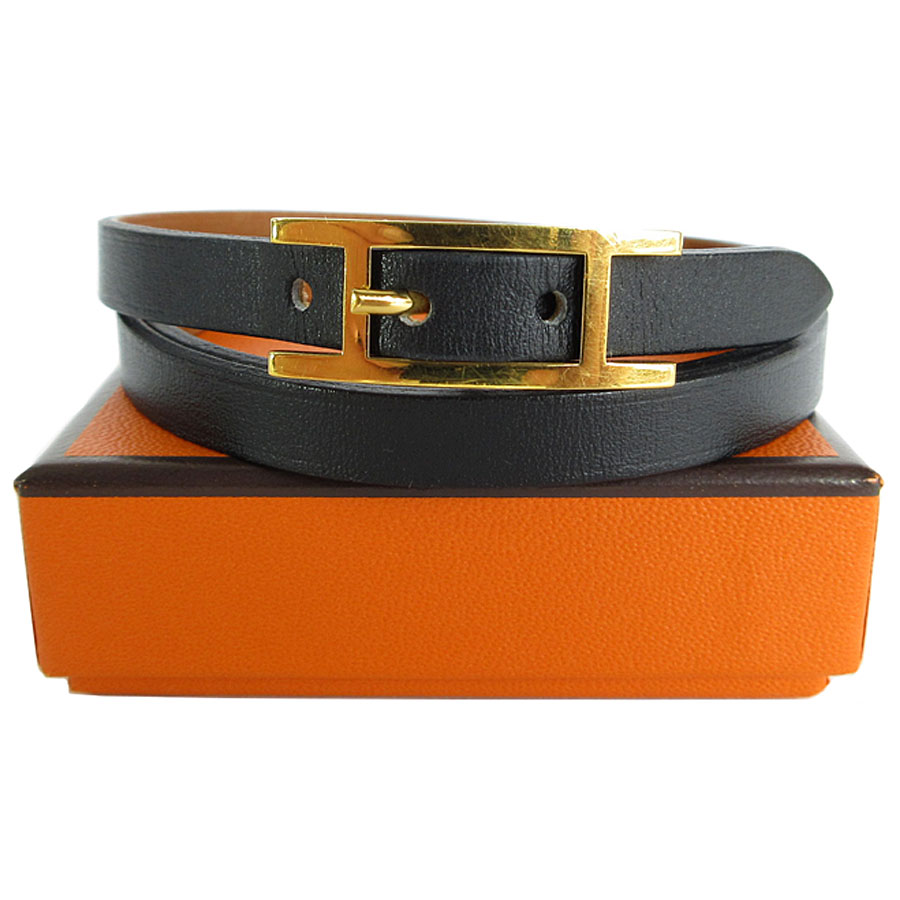 エルメス HERMES ブレスレット アピ レザー/メタル ブラック/ゴールド レディース s0016m