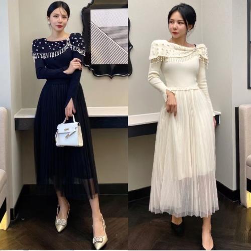 【即納】パーティードレス 冬 韓国 長袖 ニットドレス ドレスワンピース お呼ばれドレス レディース ニットワンピース ロング スクエアネック 秋 ロング丈 可愛い ビジュー パール お嬢様系 お呼ば