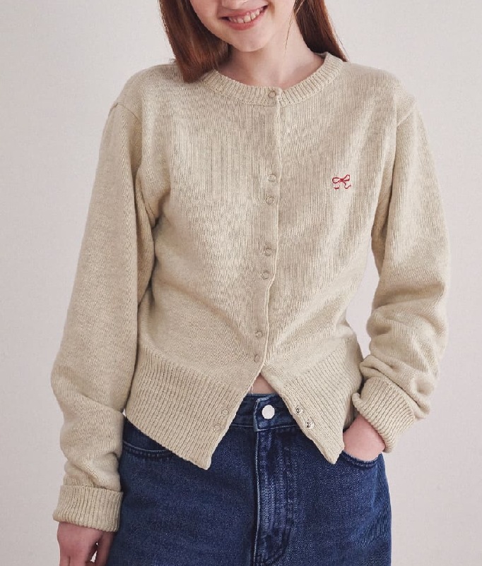 HEART RIBBON KNIT CARDIGAN OATMEAL