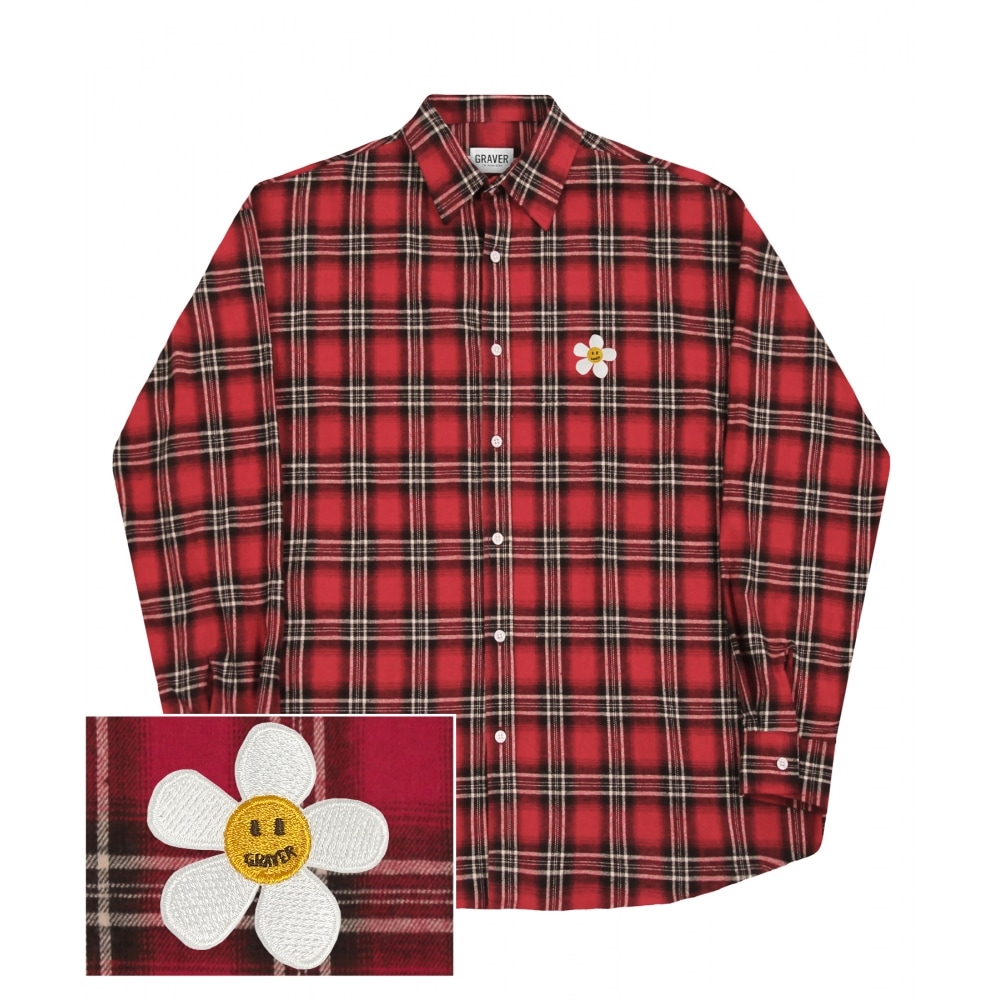 GRAVER [UNISEX]フラワードット刺繍オーバーフィットチェックシャツ_レッド
