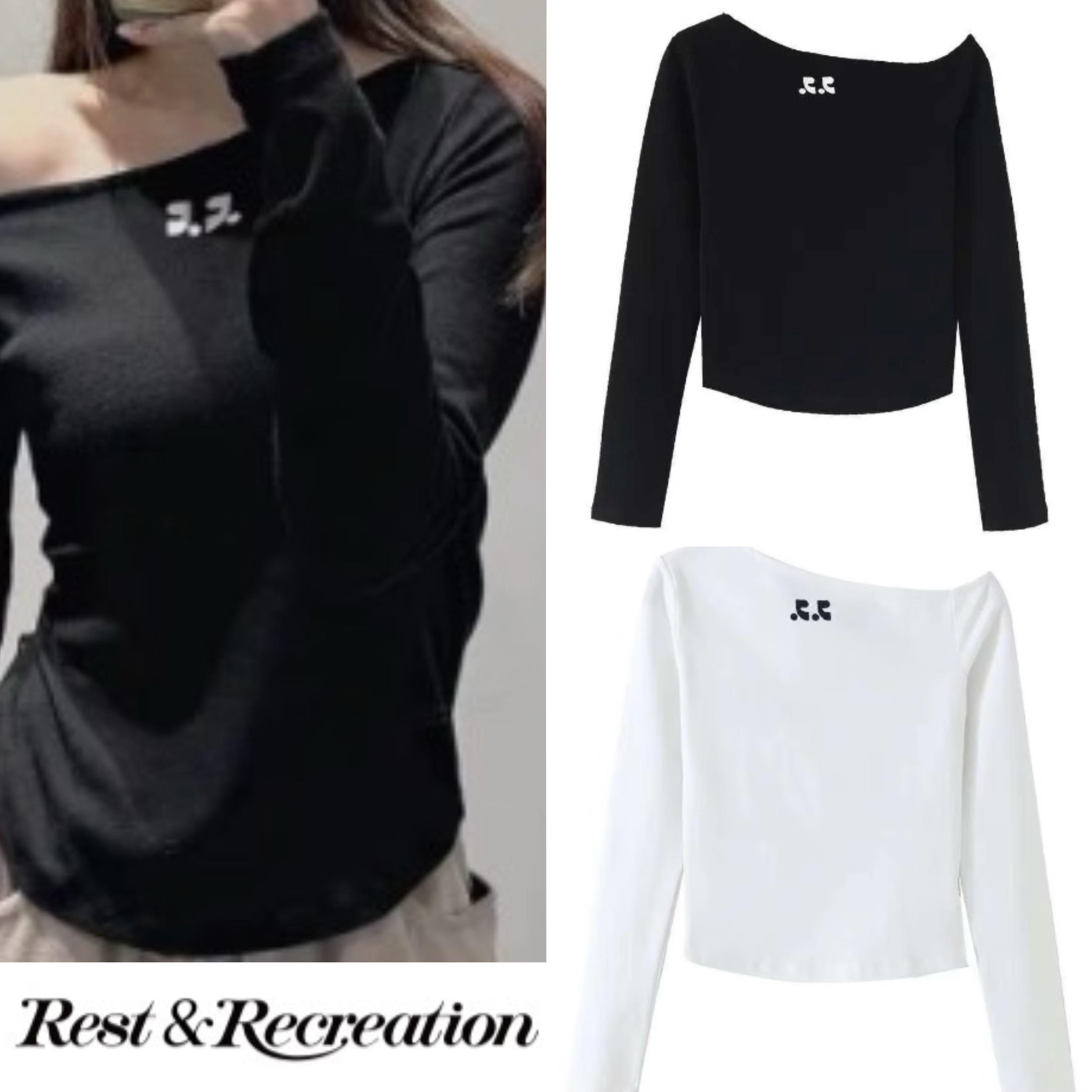 新品！Rest&Recreation 長袖 Tシャツ 韓国 人気 ワンショルダー Tシャツ（ブラックホワイト）