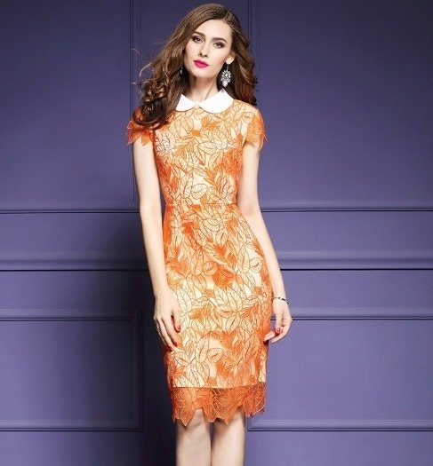 パーティードレス 刺繍 花柄 半袖 スリム オレンジ 丸襟 膝丈 ミディ丈 タイト 透け感 エレガント パーティー 結婚式 二次会 お呼ばれ ワンピース フォーマル 2018年新作 婚活パーティー