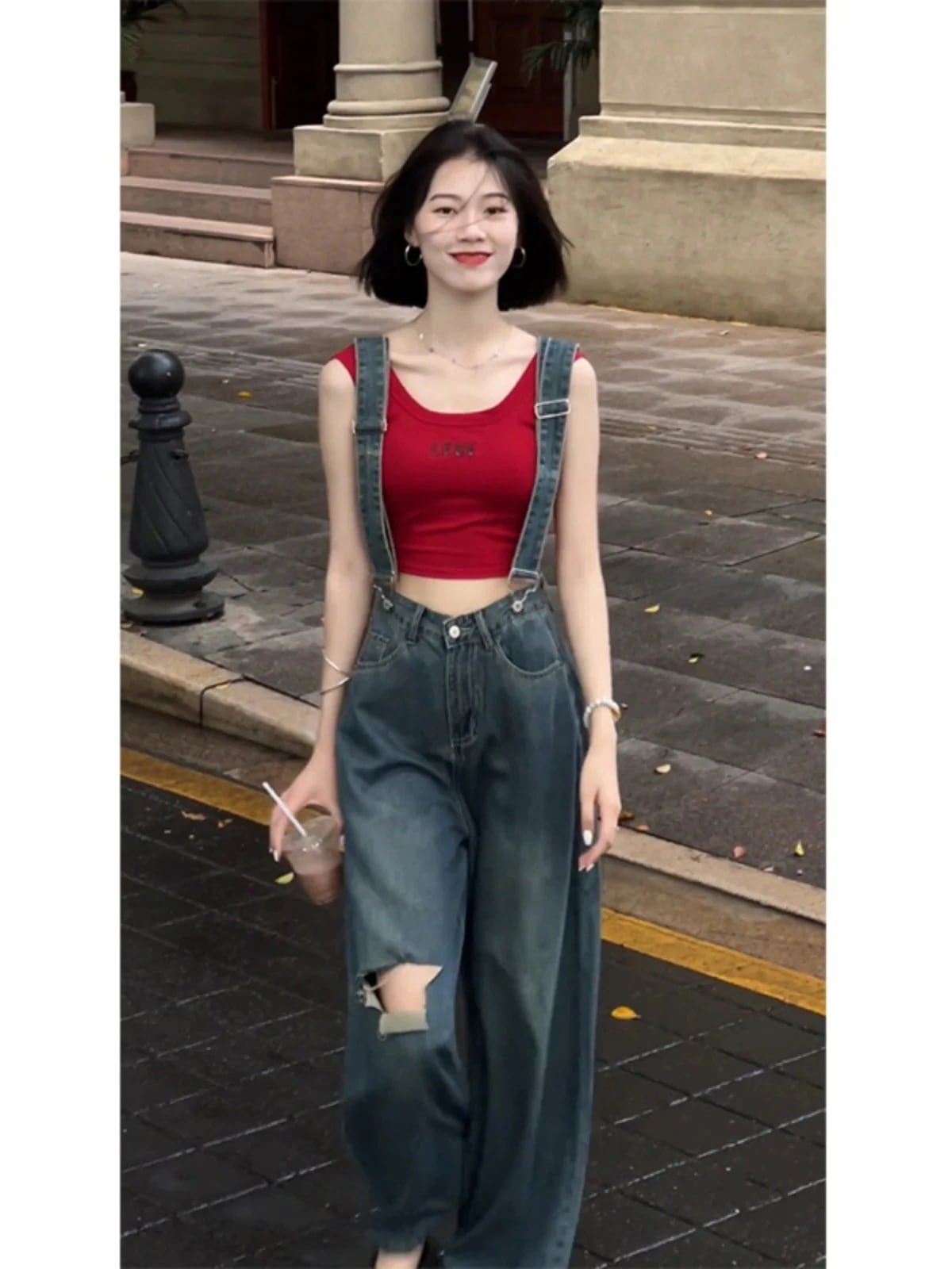 着痩せ サロペット 新作 ハイウエストスリムキャミソールジーンズサロペットロングパンツストレートワイドパンツ 百掛け 5,431円