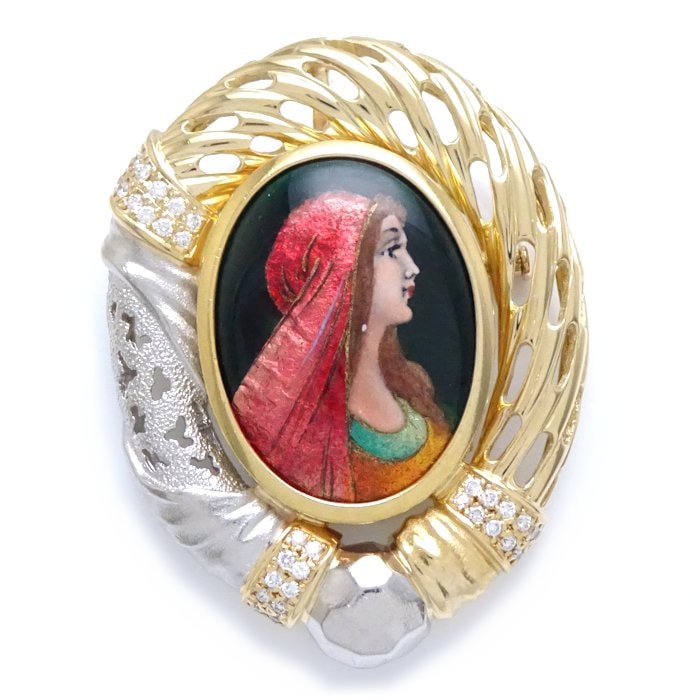 エマイユ ブローチ 兼 ペンダントトップ ダイヤモンド K18YG イエローゴールドxPt900プラチナ /291465【中古】