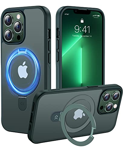 【4in1多機能満載】iPhone13Pro 用 ケース 隠しスタンド 横縦両立 米軍MIL規格 耐衝撃 MagSafe対応 スマホケース 薄形半透明 マット仕上げ 指紋防止 ストラップホール付き ワ