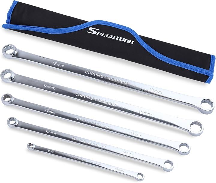 5本組 超長レンチセット 超ロングストレート メガネレンチセット エクストラロングレンチセット ダブルボックスエンドレンチセット スパナセット 0度オフセット ミラー仕上げ(シルバー)