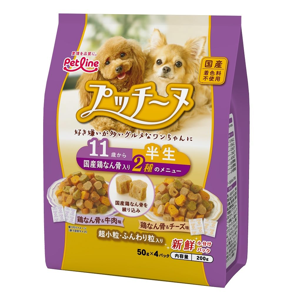 いぬのしあわせ ペットライン プッチーヌ 半生 11歳から 国産鶏なん骨入り 200g(50ｇ×4) ソフト 国産 無着色 アソート 小分け 200g(50g×4)×12個 (ケース販売)