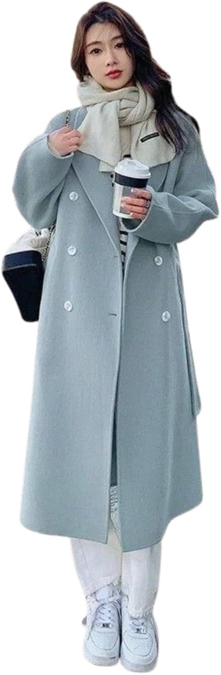 ジェイスコット ロングコート アウター ベルト付き ダブルボタン シンプル エレガント 秋冬 無地 レディース 体型カバー 裏地付き ポケット 通勤 (ブルー, XL)