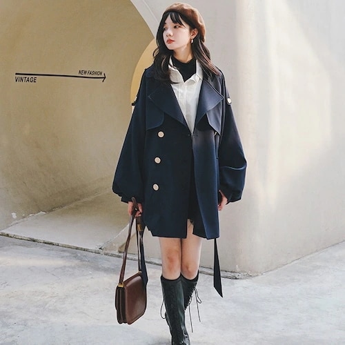 【3日で出荷】クラシカル レトロ カジュアル 袖コンシャス トレンチ風コート レディース アウター ジャケット ショート丈 ミディアム丈 ネイビー 紺 無地 襟付き ボタン ダブルブレスト ランタンス