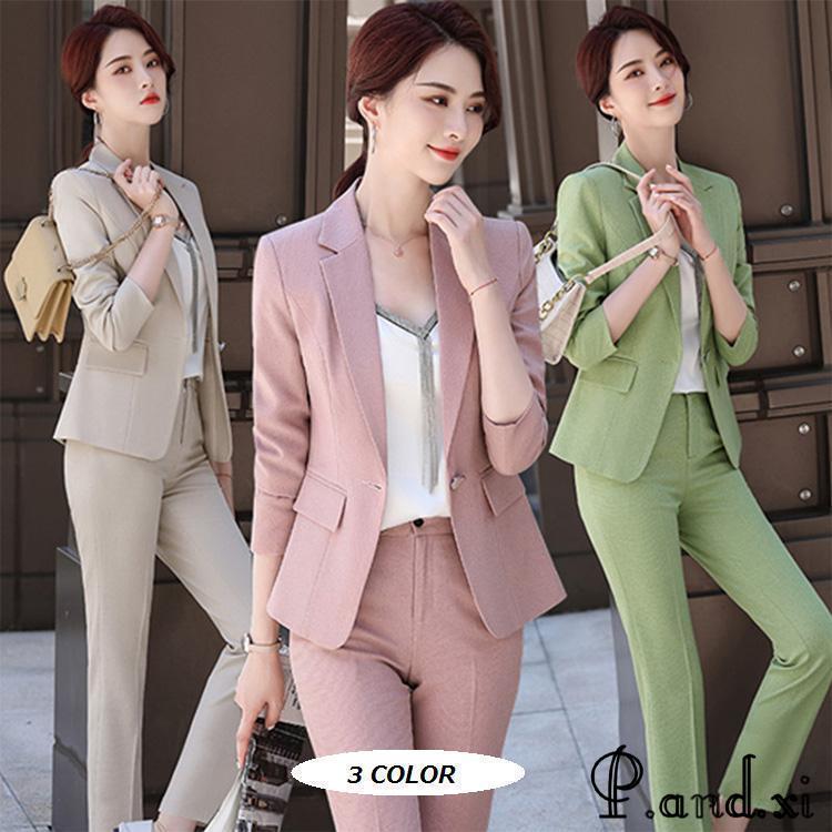 レディースファッション パンツスーツ レディース ベージュ ピンク スーツ 30代 40代 セレモニースーツ カラースーツ グリーン スーツセット 無地