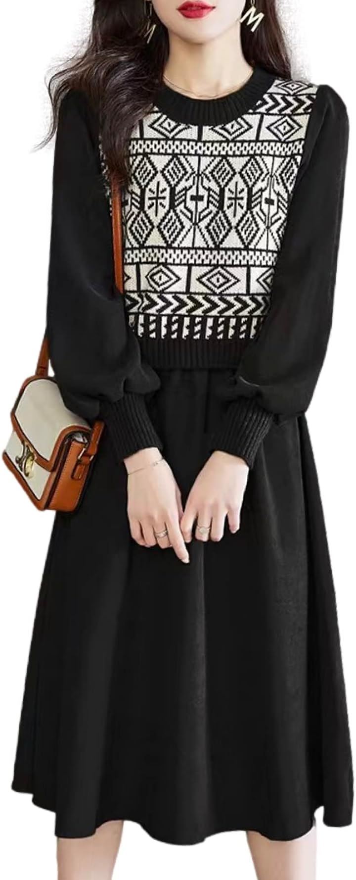 ワンピース ドッキングニットワンピース パフスリーブ 膝丈 長袖 レディース( ブラック, Free Size) 5,527円