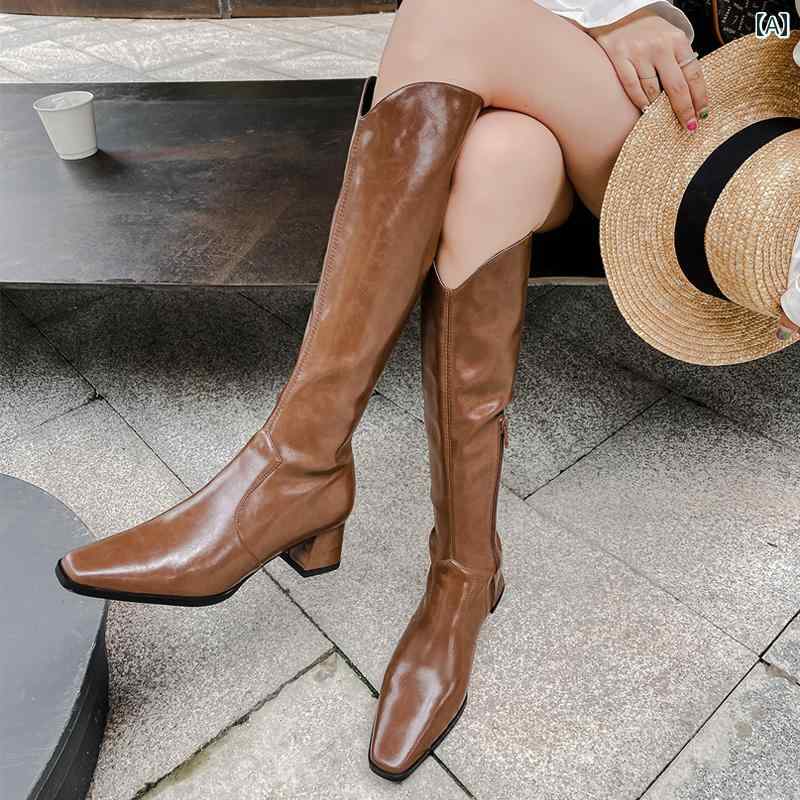 ロングブーツ レディース タイトフィット シンプル おしゃれ スタイルアップ アメリカン レトロ V 口 ウエスタン カウボーイブーツ 太い ヒール ブラウン スクエアトゥ ブーツ 女性用 ミディアム