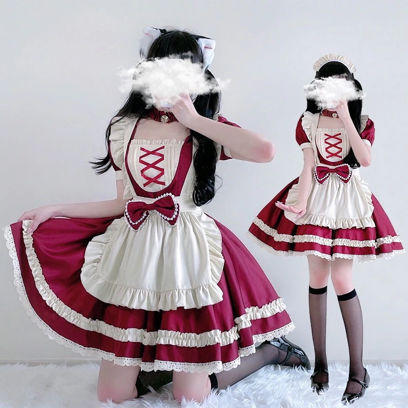 ヨーロッパ牧歌的な赤コスメイド服半袖ドレスソフトガールロリータスイートプラスサイズプリンセスチュチュスカート