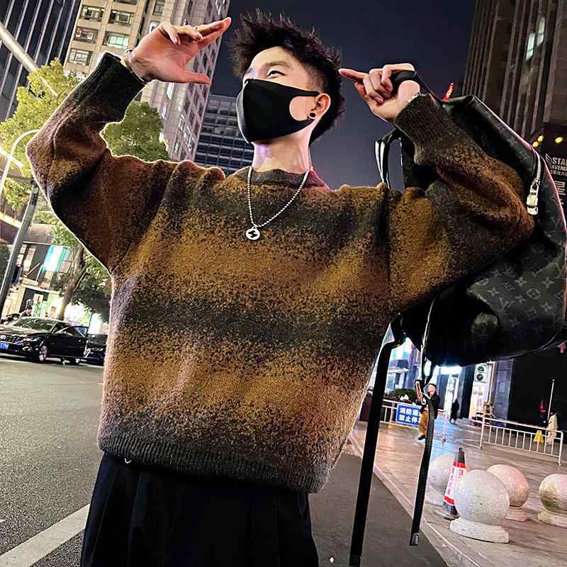 メンズ 服 シンプル ファッション オシャレ 大人 かっこいい 大きいサイズ ストリート 紳士服 タイダイ柄 グラデーション セーター 厚手 シャツ 長袖 秋冬