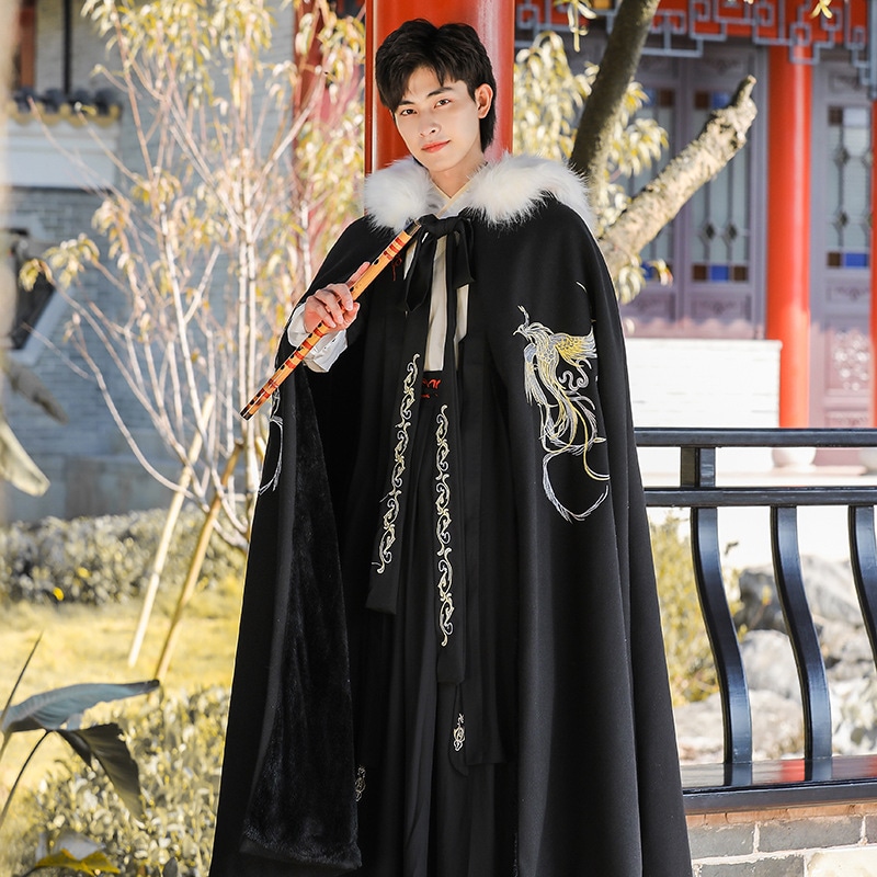 黒マント漢服メンズ黒鳳凰刺繍オシャレコートチャイナマント男性長いプベルベット厚く暖かいジャケット中国風マント古代衣装アウター ラシャコートロング丈ショール民族風ストール復古風写真撮影コスプレフード付