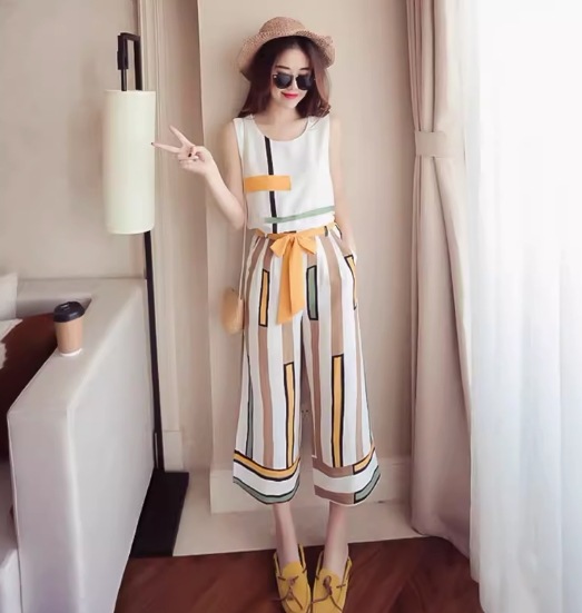 2点セット トップス ボトムス セットアップ 上下セット 袖なし ノースリーブ ラウンドネック 襟なし ストレート ワイド ウエストマーク ウエストリボン 大人可愛い きれいめ シンプル 大人 上品