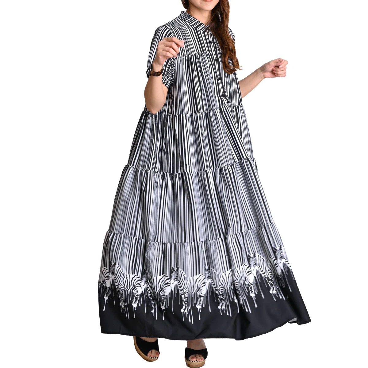 ワンピース 夏 レディース 半袖 ゼブラ アニマル 動物 柄 総柄 シマウマ ロングワンピース 半袖ワンピース ティアードワンピース マキシワンピース 個性的 派手 ロング マキシ フレア ワンピ フ