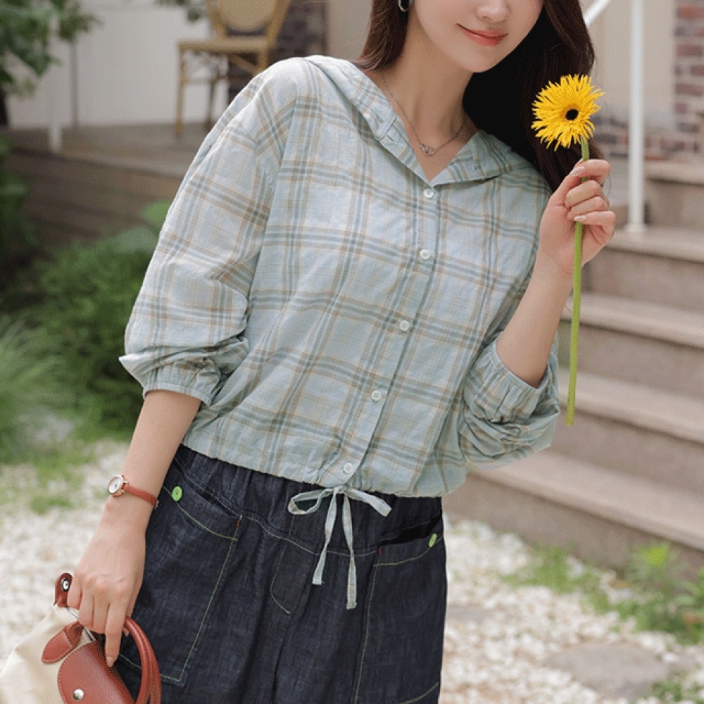 Click & Funny ネチズンチェックフード付きストリングシャツ