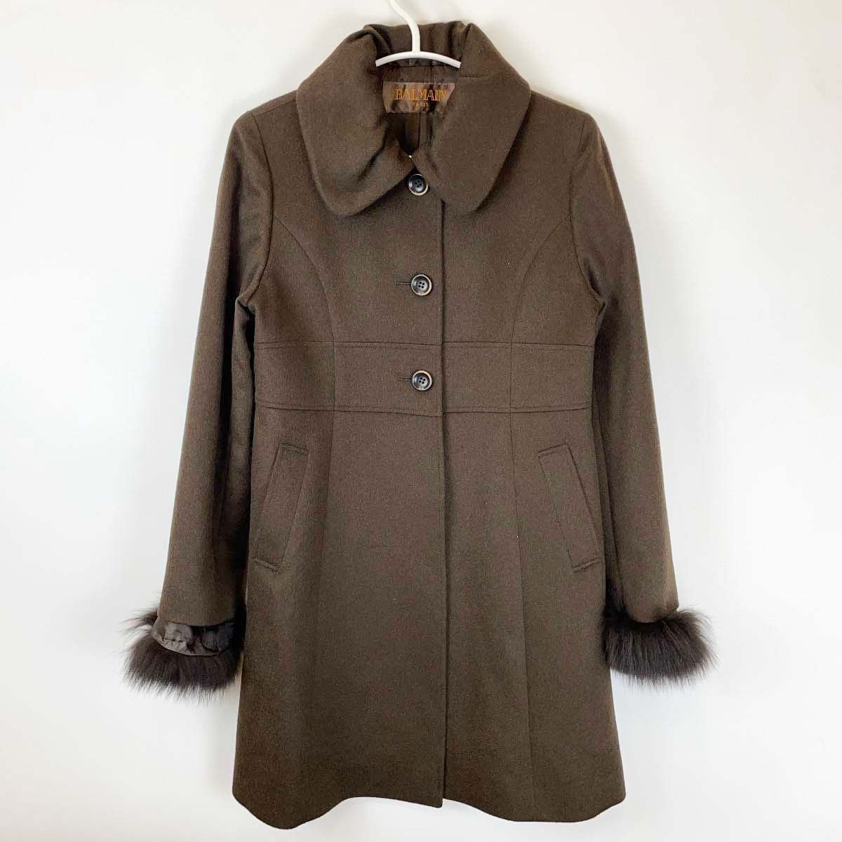 【中古】バルマン Balmain カシミヤ コート フォックスファー 9号 ブラウン レディース