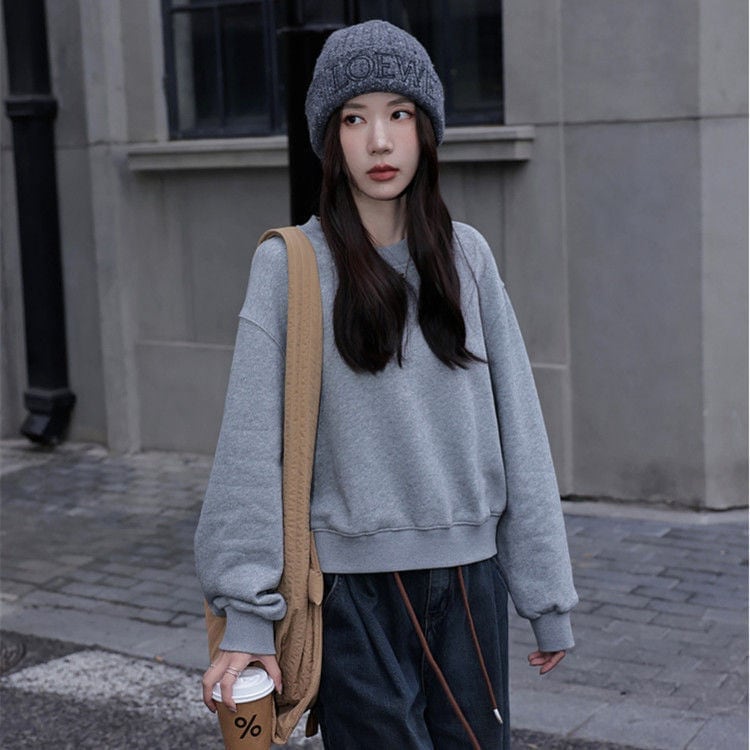 レディースグレープルオーバークロップドスウェットシャツ春と秋2025新しいファッションスタイル小柄ルーズフィットスリミング長袖ラウンドネックトップ