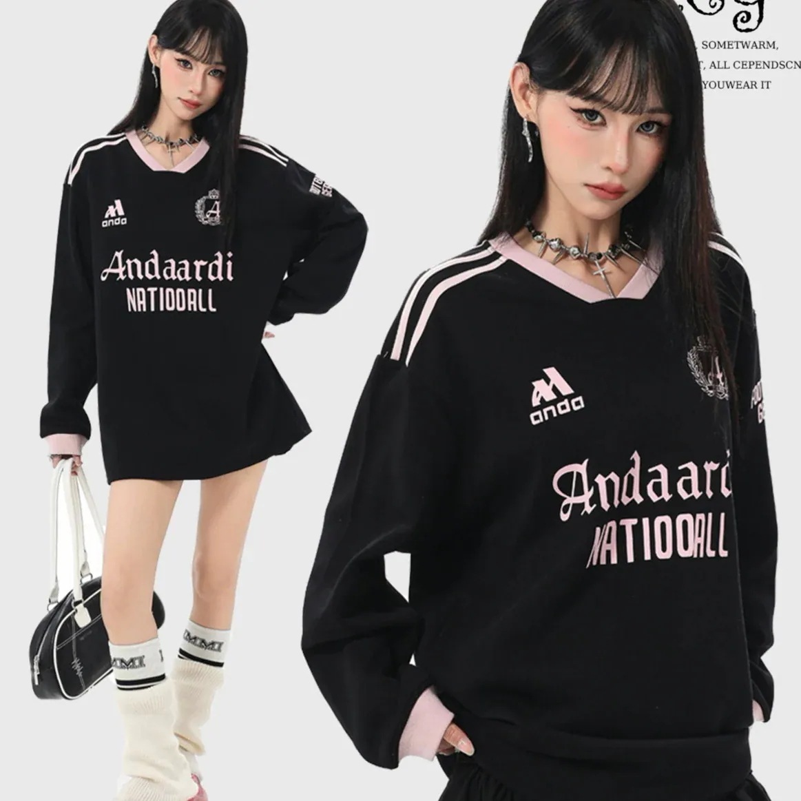 【急速出荷!】25トップスシャツ 長袖バイカラーTシャツかわいいK-PPレディース韓国風ダンス衣装ルーズゆったりカジュアルおしゃれサイズシルエットファッション系サイドシャツフットスポーツVネックT