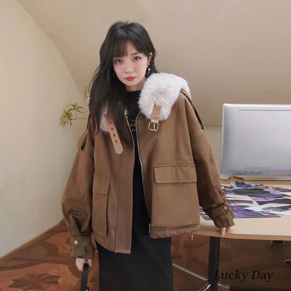 年新型冬韓系加絨加厚派オーバーのゆったり綿入れを克服して保温
