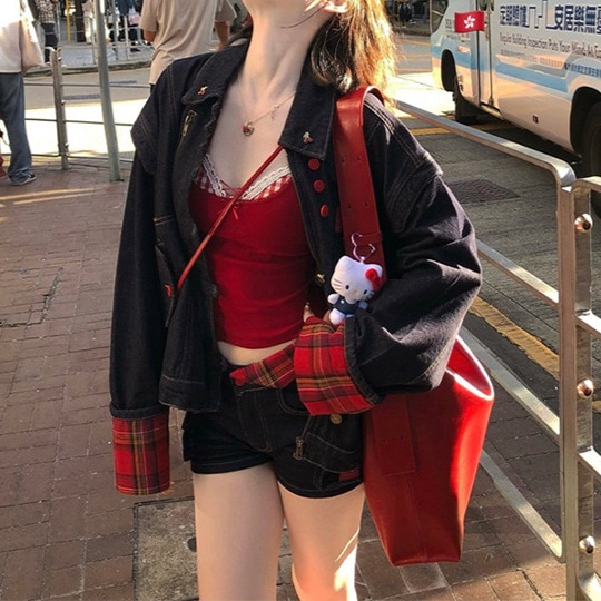 チェック柄ステッチデニムジャケットレディース2025新作レトロ甘いクールスタイルルーズジャケットカーディガン