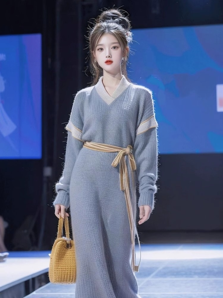 長袖ニットセーターワンピース子供服2023新作初秋初秋ロングワンピース