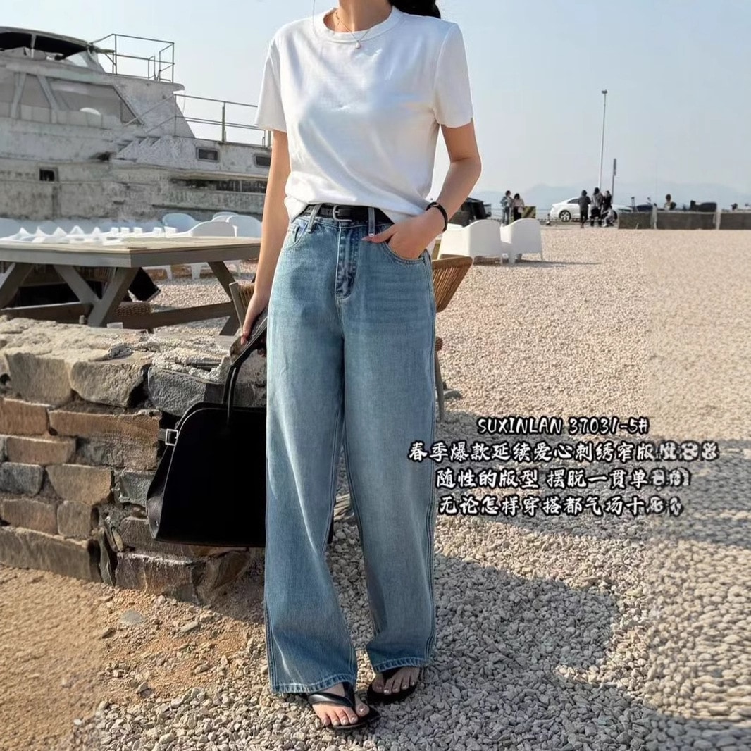 Su Xinlan/youmo 37031-5春服女性のためのハイウエストワイドレッグパンツはベルト付き刺繍されたデニムストレートパンツ