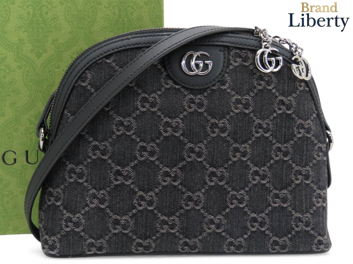 新品同様グッチGUCCIGGデニム斜め掛けスモールショルダーバッグショルダーポーチポシェットブラックデニムレザー499621