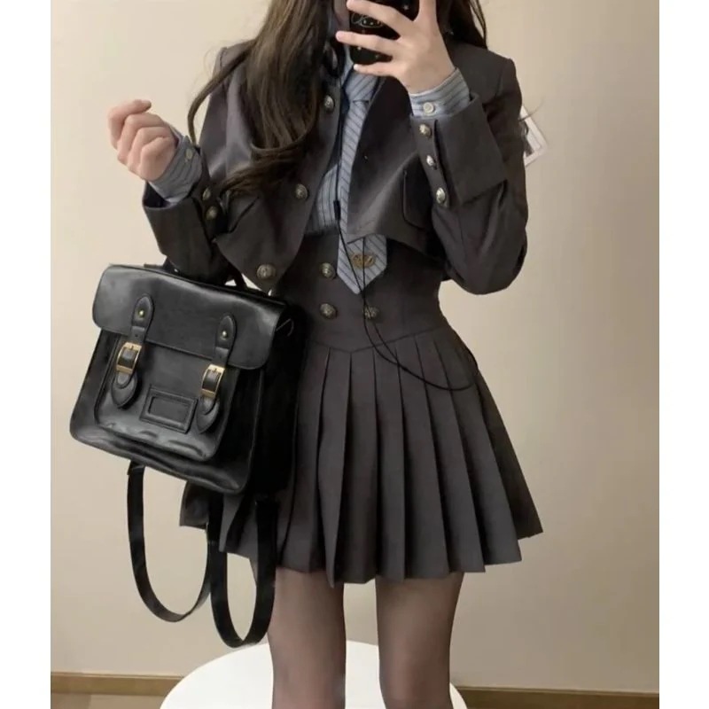 【2025】涼しく楽ちんセットアップ秋の作アカデミア風ショート丈ブレザー長袖ストライプシャツハイウエストプリーツスカートスーツキャンパス風レディース