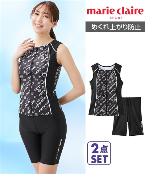 ラッシュガード marie claire SPORT 全開ジップノースリーブタンキニ水着2点セット
