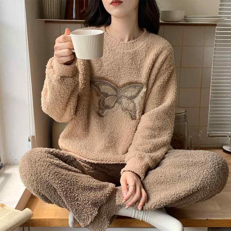 ルームウェア レディース パジャマ 部屋着 ガーリー コーラルベルベット フランネル 秋冬 長袖 暖かい 刺繍 レース プルオーバー ラウンドネック スクエアネック ホームウェア ラウンジウェア チェ