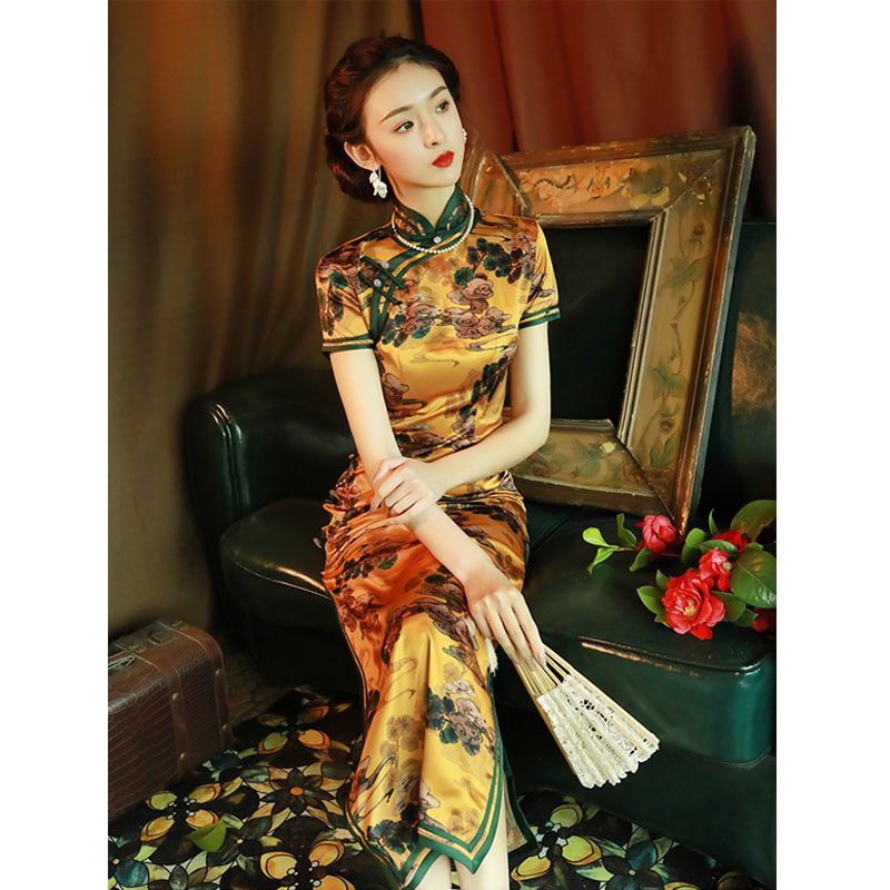 ハイエンドの古い上海チャイナドレスロングサイド8ボタン春夏スタイルの改良された女の子のドレス 母の日 母の日-0007797