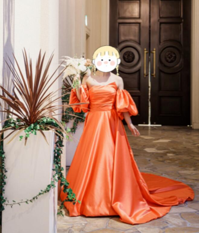 実例写真！パーティードレス オレンジ ベアトップ パフスリーブ 光沢サテン 編み上げ 前撮り 29,894円