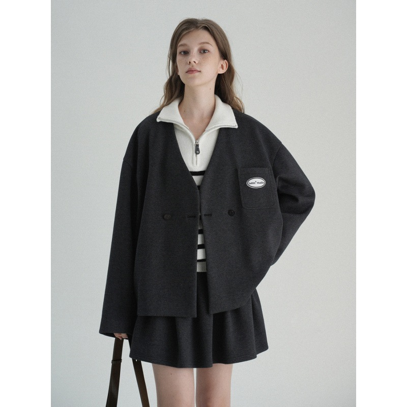 「Goha Girl」プレッピースタイルのダブルブレストVネックスーツジャケットプリーツスカートスーツ通勤ツーピーススーツ