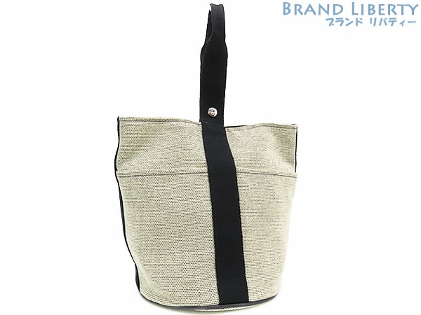 美品エルメスサクソーMMハンドバッグトートバッググレーブラックトワルアッシュキャンバス素材