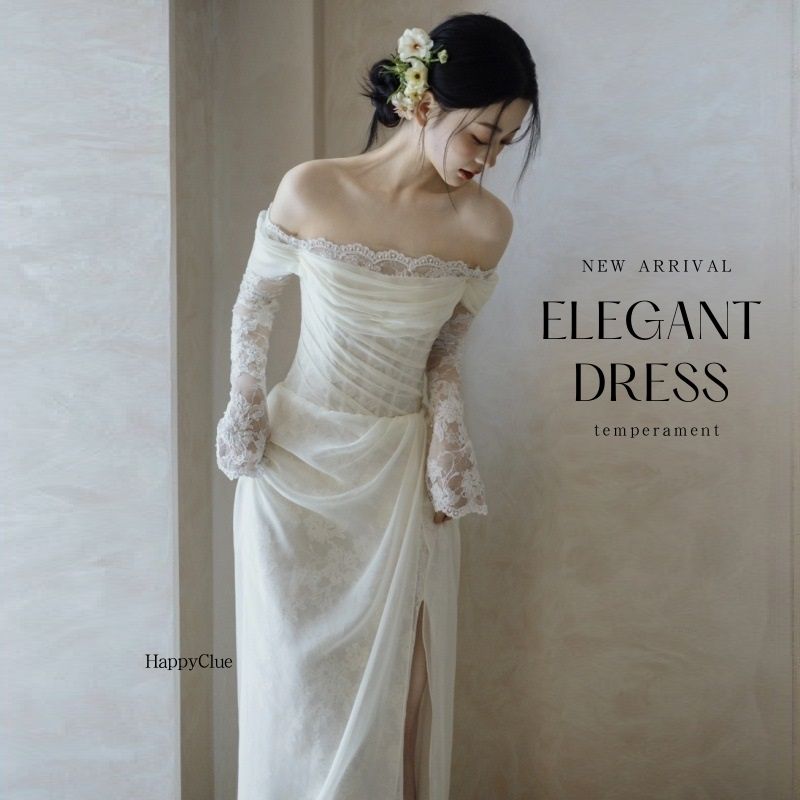 ウェディングドレス 前撮り ドレス 白 オフショルダー 花嫁 二次会ウエディングドレス ワンピース エンパイア レディース ブライダル パーティードレス ロング 白ドレス きれいめ レース 成人式 フ