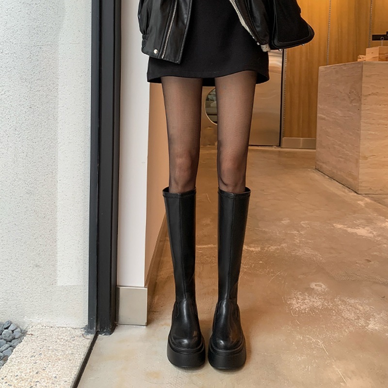 厚底ブーツ ストレッチミドルブーツ 女スリムブーツ ロングナイト